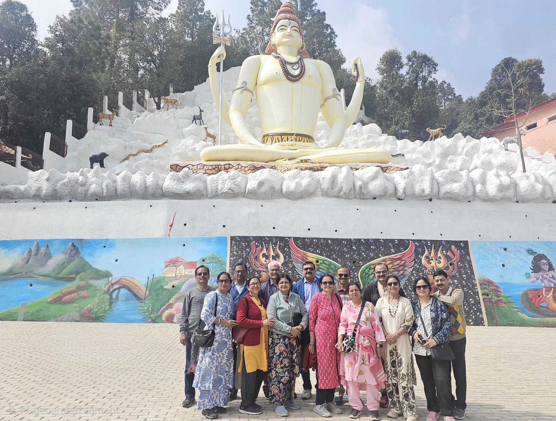 Pilgrim group seated at the feet of the colossal meditating Lord Shiva monument