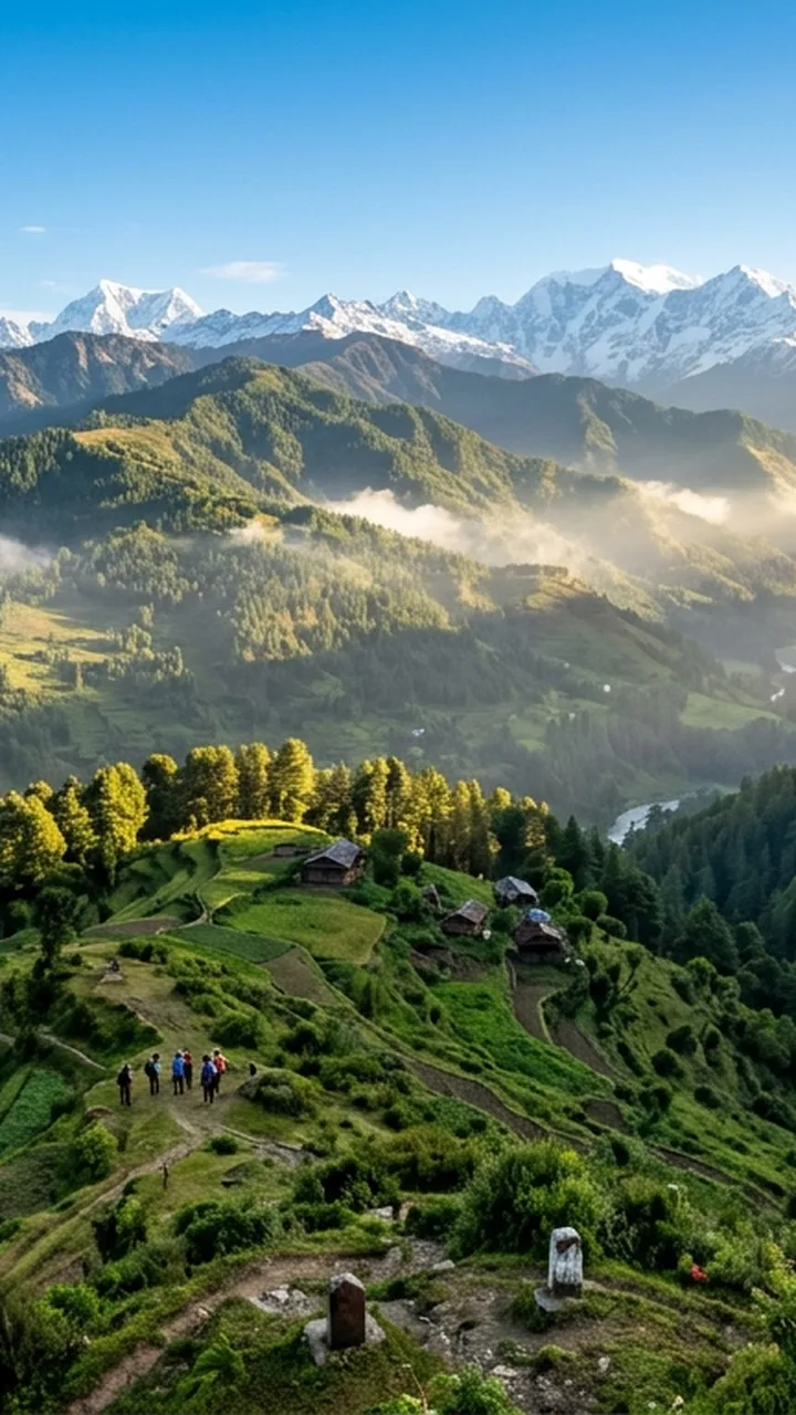 Vibrant emerald green Himalayan pine valley in Kumaon with morning mist and distant snowy peaks